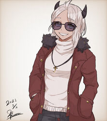  25_kimera black_horns black_pants casual commentary_request cowboy_shot dated demon_girl female hair_down hands_in_pockets helltaker highres horns jacket jewelry justice_(helltaker) long_sleeves looking_at_viewer necklace pants parted_lips red_jacket shirt signature smile solo sunglasses white_hair white_shirt 