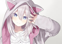  animal_ears animal_hood arm_up blue_eyes capriccio cat_hood closed_mouth collared_shirt commentary fake_animal_ears female frilled_shirt_collar frills grey_background grey_jacket hair_between_eyes head_tilt hood hood_up hooded_jacket jacket long_sleeves looking_at_viewer original shirt simple_background sleeves_past_wrists smile solo upper_body white_hair white_shirt 