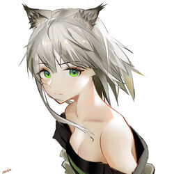  animal_ears arknights bare_shoulders cat_ears commentary dress female green_eyes grey_hair highres kal&#039;tsit_(arknights) looking_at_viewer mackia off-shoulder_dress off_shoulder short_hair simple_background solo upper_body white_background 