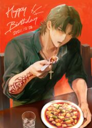  1boy absurdres black_shirt breath brown_hair collared_shirt cross cross_necklace eating fate/grand_order fate_(series) food from_above highres jewelry kotomine_kirei male_focus mapo_tofu necklace okonon_(kado_colda) shirt short_hair solo spoon 