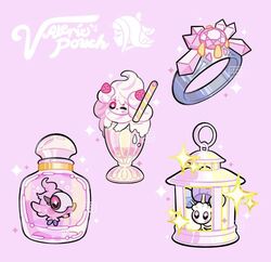  alcremie alcremie_(strawberry_sweet) artist_name bottle commentary diancie drinking_straw english_commentary gem glass jewelry lantern leaphere morelull pink_background pokemon pokemon_(creature) pokemon_xy ring simple_background sparkle spritzee themed_object valerie_(pokemon) watermark 