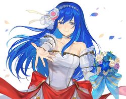  blue_eyes blue_hair bouquet bride bride_(fire_emblem) caeda_(bridal)_(fire_emblem) caeda_(fire_emblem) closed_mouth dress female fire_emblem fire_emblem:_mystery_of_the_emblem fire_emblem_heroes flower holding holding_bouquet kyufe long_hair outstretched_arm petals simple_background smile solo upper_body wedding_dress white_background white_dress 