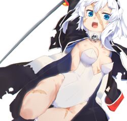  absurdres blue_eyes breasts fate/grand_order fate_(series) female highres long_coat mary_read_(fate) nanao_(aoyamahikari) playboy_bunny scar scar_on_face skull_and_crossbones small_breasts solo sword weapon white_background white_hair 