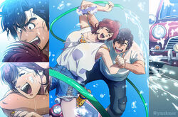  1boy absurdres black_hair brown_hair car city_hunter closed_eyes commentary_request couple crocs denim denim_shorts female fingernails happy highres holding holding_hands holding_hose holding_sponge hose laughing makimura_kaori motor_vehicle open_mouth orange_nails pocket saeba_ryou shirt shorts sponge straight teeth twitter_username upper_teeth_only washing_vehicle water_drop wet white_shirt yellow_footwear yuu_(masarunomori) 