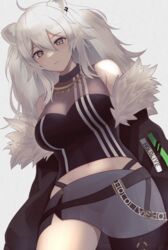  absurdres ahoge animal_ears breasts cleavage female fur-trimmed_jacket fur_trim grey_eyes grey_hair highres hololive jacket large_breasts lion_ears long_hair midriff navel see-through see-through_cleavage shishiro_botan shishiro_botan_(1st_costume) single_thighhigh skirt solo thighhighs tojo_aoi two_side_up virtual_youtuber 