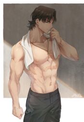  1boy absurdres brown_hair cowboy_shot cross cross_necklace fate/grand_order fate_(series) highres jewelry kotomine_kirei male_focus muscular muscular_male necklace nipples okonon_(kado_colda) pectorals short_hair solo sweat topless_male wiping 