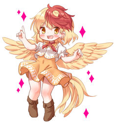  :d animal_on_head arinu bird bird_on_head bird_tail bird_wings blonde_hair brown_footwear chibi chick commentary_request dress earrings female full_body highres index_finger_raised jewelry looking_at_viewer multicolored_hair niwatari_kutaka on_head open_mouth orange_dress red_eyes red_hair shirt short_hair simple_background smile tail touhou two-tone_hair white_background white_shirt wings yellow_eyes yellow_wings 