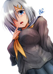  blue_eyes blue_sailor_collar blue_skirt blush breasts brown_sweater female from_below grey_hair hair_ornament hair_over_one_eye hairclip hamakaze_(kancolle) highres kantai_collection large_breasts looking_at_viewer looking_down mizuya_chiharu neckerchief open_mouth ribbed_sweater sailor_collar school_uniform serafuku short_hair skirt solo standing sweater white_background yellow_neckerchief 