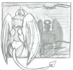  ambiguous_gender angel demon duo feathered_wings feathers graphite_(artwork) guardian horn humanoid membrane_(anatomy) membranous_wings monochrome protecting protective rear_view rendakobold shadow sleeping spade_tail stalking tail traditional_media_(artwork) wings wings_folded 