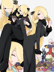  bad_id bad_twitter_id black_coat black_eyes black_pants black_shirt blonde_hair book breasts closed_eyes closed_mouth coat commentary crossed_legs cynthia_(pokemon) eating feet_out_of_frame female food food_on_face fur_trim garchomp gastrodon gastrodon_(west) grey_background hair_between_eyes hair_ornament hair_over_one_eye happy highres holding holding_book holding_food ice_cream ice_cream_cone idkuroi invisible_chair leaning_forward licking_lips long_hair long_sleeves looking_at_viewer lucario medium_breasts milotic multiple_views open_book pants parted_lips pokemon pokemon_(anime) pokemon_(creature) pokemon_bw_(anime) pokemon_dppt_(anime) reading roserade shirt simple_background sitting slug smile sparkle spiritomb standing swept_bangs tongue tongue_out 