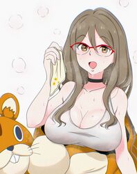  :d bare_shoulders black_choker breasts brown_eyes brown_hair choker cleavage collarbone commentary_request female glasses hair_between_eyes handkerchief highres holding holding_handkerchief hot large_breasts long_hair looking_at_viewer lycoris_recoil mascot_costume nakahara_mizuki osage_gankyou over-rim_eyewear red-framed_eyewear semi-rimless_eyewear shirt smile solo steam sweat very_sweaty white_shirt 