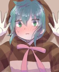  blue_hair blush chicha_(chi_cha_rigbo) commentary_request disembodied_hand female full-face_blush green_eyes hair_between_eyes hood hoodie kemono_friends lying neck_ribbon on_back pink_ribbon print_hoodie ribbon short_hair snake_print solo sweatdrop tsuchinoko_(kemono_friends) 