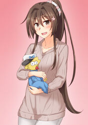  2girls :d alternate_costume anti_(untea9) baby breasts brown_hair brown_sweater casual cherry_blossoms colored_skin cowboy_shot crossover flower gradient_background hair_flower hair_ornament hair_ribbon highres kantai_collection large_breasts long_hair long_sleeves looking_at_viewer maggie_simpson matt_groening_(style) multiple_girls open_mouth pants photoshop_(medium) pink_background ponytail ribbed_sweater ribbon simple_background smile sweater the_simpsons white_pants white_ribbon yamato_(kancolle) yellow_skin 