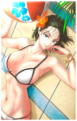  alternate_costume ball beachball bikini black_hair bracelet commentary female fubuki_(one-punch_man) green_eyes highres jewelry murata_yuusuke o-ring o-ring_bikini o-ring_bottom one-punch_man short_hair solo string_bikini swimsuit 