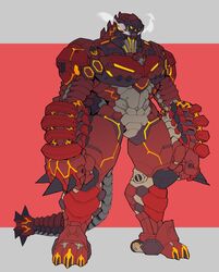  1boy absurdres armor breastplate catball1994 clawed_boots clenched_hands clenched_teeth commentary_request ex_red_king full_armor highres kaijuu knee_spikes male_focus mask mecha mechanization monster muscular muscular_male neon_lights neon_trim orange_eyes original pectorals power_armor power_fist red_armor red_king_(ultra_series) redesign robot sharp_teeth shoulder_armor skull_mask solo spiked_gauntlets spiked_knuckles spiked_tail spikes spines steam steam_from_mouth tail teeth tokusatsu tusks ultra_series ultraman_(1st_series) wheel 