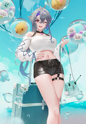  ;d ahoge asymmetrical_hair azur_lane bag bare_shoulders belt black_shorts blue_sky breasts bubble cirilla_lin cleavage cloud colored_inner_hair commentary cowboy_shot cropped_sweater crossed_bangs day female flower foch_(azur_lane) foch_(rainbow_rendezvous)_(azur_lane) grey_hair hair_between_eyes hand_on_own_hip handbell high-waist_shorts highres holding holding_bag knife_sheath large_breasts latex_shorts long_hair long_sleeves looking_at_viewer manjuu_(azur_lane) midriff multicolored_hair navel o-ring o-ring_belt oerba_yun_fang off-shoulder_sweater off_shoulder official_alternate_costume one_eye_closed open_mouth purple_hair red_eyes red_nails ribbon-trimmed_sleeves ribbon_trim rose sheath shorts sidelocks skindentation sky smile solo_focus standing suitcase sweater turret white_sweater 