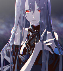  arknights bad_id bad_pixiv_id black_shirt breasts closed_mouth commentary detached_sleeves expressionless eyelashes female grey_hair hair_between_eyes hand_in_own_hair hand_on_own_chest long_hair looking_at_viewer medium_breasts red_eyes satsuya shirt skadi_(arknights) skadi_(elite_ii)_(arknights) solo straight_hair turtleneck upper_body wet wet_hair 