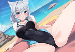  animal_ear_fluff animal_ears beach black_one-piece_swimsuit blue_archive blue_eyes blue_sky breasts cloud competition_swimsuit covered_navel cross_hair_ornament day extra_ears female grey_hair hair_ornament halo hitachi_sou horizon low_ponytail medium_breasts medium_hair mismatched_pupils multicolored_clothes multicolored_swimsuit ocean official_alternate_costume one-piece_swimsuit outdoors rock shiroko_(blue_archive) shiroko_(swimsuit)_(blue_archive) sky solo spread_legs swimsuit water wolf_ears 