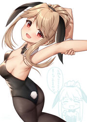  :d ^_^ animal_ears arms_behind_head ass bare_shoulders binsen black_bow black_bowtie black_hairband black_leotard blush bow bowtie breasts brown_hair brown_legwear chibi chibi_inset cleavage closed_eyes collar commentary_request detached_collar fake_animal_ears female hair_bun hairband highres idolmaster idolmaster_million_live! leotard long_hair looking_at_viewer looking_back medium_breasts open_mouth pantyhose playboy_bunny rabbit_ears rabbit_tail red_eyes sidelocks simple_background single_hair_bun smile strapless strapless_leotard tail tenkubashi_tomoka translation_request white_background white_collar wing_collar wrist_cuffs 