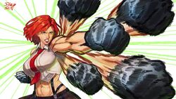  abs action afterimage angry attack between_breasts biceps boxing breasts clenched_hands clenched_teeth collared_shirt commentary crop_top cropped_shirt emphasis_lines english_commentary female gloves highres lipstick makeup motion_blur muscular muscular_female necktie necktie_between_breasts punching rapid_punches red_eyes red_hair red_necktie sheep_shin shirt short_hair sleeveless sleeveless_shirt snk solo speed_lines suspenders teeth the_king_of_fighters the_king_of_fighters_xv toned vanessa_(kof) white_shirt 