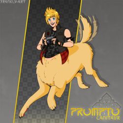  1:1 animal_genitalia barely_visible_genitalia barely_visible_sheath blonde_hair camera canid canid_taur canine canis centaur claws clothed clothing domestic_dog english_text equid equid_taur european_mythology final_fantasy final_fantasy_xv frankly-art fully_sheathed genitals greek_mythology hair humanoid_taur male mammal mammal_taur mythology paws prompto_argentum sheath solo square_enix tail tail_motion tailwag taur text 