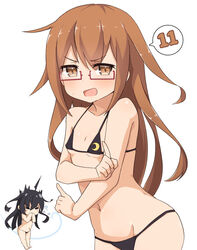  &gt;_&lt; 2girls ahoge alternate_costume angry barefoot bikini black_bikini black_hair blush breasts brown_eyes brown_hair chibi chibi_inset closed_eyes covered_mouth covered_nipples covering_own_mouth cowboy_shot crescent crescent_print crossed_arms floating_hair flying_teardrops from_side glasses groin hair_between_eyes hands_up index_finger_raised junes kantai_collection laughing leaning_forward legs_together long_hair looking_at_viewer micro_bikini mikazuki_(kancolle) mochizuki_(kancolle) multiple_girls navel numbered open_mouth parted_bangs red-framed_eyewear scowl semi-rimless_eyewear sidelocks simple_background small_breasts speech_bubble spoken_number string_bikini sweatdrop swimsuit under-rim_eyewear underboob v-shaped_eyebrows very_long_hair white_background 