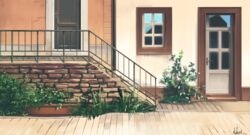  building commentary fence grass hakuurei_amano highres no_humans original outdoors reflection scenery stairs watermark window wooden_door 