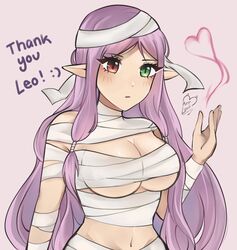  alternate_costume bandaged_arm bandaged_head bandages blush breasts cleavage crop_top eyelashes female fire_emblem fire_emblem:_the_binding_blade green_eyes halloween halloween_costume heart heterochromia highres idunn_(fire_emblem) large_breasts long_hair mummy_costume naked_bandage pointy_ears purple_hair purrlucii red_eyes solo underboob 