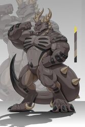  2:3 abs absurd_res anthro biceps big_biceps biped black_tail_tip brown_body brown_skin claws curved_claws dipstick_tail dragon featureless_crotch feet flexing flexing_bicep flexing_biceps flexing_muscles full-length_portrait hi_res horn looking_at_viewer male markings musclegut muscular muscular_anthro muscular_arms muscular_legs muscular_male muscular_thighs mythological_creature mythological_scalie mythology plated_scales portrait pupils scales scalie serratus slit_pupils solo spiked_tail spikes spikes_(anatomy) striped_markings stripes tail tail_markings valentinesartx wingless_dragon 