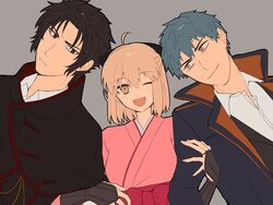  2boys ahoge bad_id bad_twitter_id black_bow black_capelet black_eyes black_hair blonde_hair blue_hair blue_jacket blush bow brown_eyes capelet closed_mouth collared_jacket collared_shirt commentary_request dress_shirt fate/grand_order fate_(series) female grey_background hair_between_eyes hairbow half_updo highres hijikata_toshizou_(fate) holding_another&#039;s_arm jacket japanese_clothes kimono koha-ace looking_at_another looking_at_viewer looking_to_the_side multiple_boys okita_souji_(fate) okita_souji_(koha-ace) one_eye_closed open_clothes open_jacket open_mouth pink_kimono saitou_hajime_(fate) sash shirt short_hair simple_background smile tongue upper_body usamimikurage white_shirt 