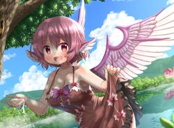  :d animal_ears arinu bird_ears bird_wings blue_sky breasts brown_dress cleavage cloud commentary_request cowboy_shot day dress dutch_angle earrings feathered_wings feathers female green_nails holding_water jewelry large_breasts looking_at_viewer mountain mystia_lorelei no_headwear open_mouth outdoors pink_eyes pink_hair short_hair single_earring skirt_hold sky sleeveless sleeveless_dress smile solo standing touhou tree water wet white_feathers white_wings wings 