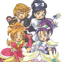  4girls black_hair blue_eyes boots bow brooch brown_eyes brown_hair commentary cure_black cure_bloom cure_egret cure_white detached_sleeves dress earrings english_commentary eyelashes fingerless_gloves frilled_sleeves frills futari_wa_precure futari_wa_precure_max_heart futari_wa_precure_splash_star gloves hair_ornament hair_ribbon hairbow half_updo happy heart heart_brooch heart_earrings heart_hair_ornament hyuuga_saki in-franchise_crossover jaggy_lines jewelry kasuga_(kasuga39) long_hair lowres magical_girl mishou_mai misumi_nagisa multiple_girls oekaki orange_hair pink_arm_warmers ponytail precure purple_eyes purple_hair red_bow red_dress red_sleeves ribbon short_hair skirt smile white_background white_bow white_dress yukishiro_honoka 