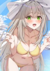  :d ass_visible_through_thighs bikini blue_archive blush breasts cleavage collarbone female front-tie_top green_eyes halo hanamaru_tsubaki hat highres large_breasts light_brown_hair long_hair looking_at_viewer navel nonomi_(blue_archive) nonomi_(swimsuit)_(blue_archive) official_alternate_costume open_mouth outdoors side-tie_bikini_bottom smile solo sun_hat swimsuit white_hat yellow_bikini 