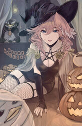  :p absurdres bare_shoulders black_dress black_nails blue_eyes breasts cape cleavage curtains detached_sleeves dress earrings female fishnet_thighhighs fishnets full_moon ganmo_(takane_lui) garter_straps hat head_wings highres hololive jack-o&#039;-lantern jewelry long_hair moon pink_hair sitting smile takane_lui thighhighs tongue tongue_out torn_flipper virtual_youtuber wings witch_hat 