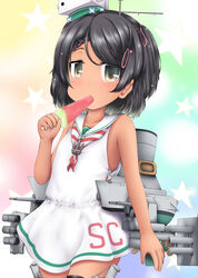  anchor_ornament black_eyes black_hair braid cannon clothes_writing commentary_request cowboy_shot dress female food highres kantai_collection looking_at_viewer low-cut_armhole mole mole_under_eye neckerchief ouno_(nounai_disintegration) popsicle sailor_collar sailor_dress scirocco_(kancolle) short_hair sleeveless sleeveless_dress smokestack solo striped striped_neckerchief tan turret two_side_up watermelon_bar white_sailor_collar 