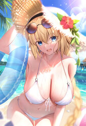  absurdres alternate_costume ball beach beachball bikini black_hairband blonde_hair blue_eyes blue_innertube blue_sky blush braid braided_ponytail breasts cleavage cloud commentary day eyewear_on_head fate/grand_order fate_(series) female flower hairband halterneck hat hat_flower hibiscus highres holding holding_swim_ring innertube jeanne_d&#039;arc_(fate) large_breasts long_hair looking_at_viewer mishiro_(ixtlolton) navel open_mouth outdoors parody red_flower sand sky smile solo stomach straw_hat string_bikini style_parody sun_hat sunglasses sunlight swim_ring swimsuit takeuchi_takashi_(style) water wet white_bikini 