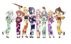  6+girls :d akino_kaede alternate_hair_ornament animal artist_request bag bagged_fish blonde_hair blue_eyes blue_hair blue_kimono blue_nails blue_scrunchie blunt_bangs blush braid brown_hair candy_apple character_mask charm_(object) checkered_clothes checkered_kimono closed_mouth commentary_request cotton_candy creature curly_hair dot_nose fish flat_chest floating_hair floral_print flower food food_print full_body futaba_sana geta goldfish green_eyes green_hair green_kimono green_ribbons gun hair_between_eyes hair_bun hair_flower hair_ornament hair_ribbon hairclip half-closed_eyes hand_fan happy head_tilt height_difference high_ponytail highres holding holding_bag holding_creature holding_food holding_gun holding_weapon ikayaki japanese_clothes jewelry kimono leg_up lemon_print light_smile lineup long_hair magia_record:_mahou_shoujo_madoka_magica_gaiden mahou_shoujo_madoka_magica mask mask_on_head minami_rena mitsuki_felicia mouse_mask multiple_girls nanami_yachiyo obi obidome obijime official_alternate_costume official_alternate_hairstyle official_art open_mouth orange_eyes orange_kimono orange_nails paper_fan parted_bangs pink_eyes pink_hair pink_kimono pink_nails ponytail purple_eyes purple_flower purple_nails red_flower red_hair red_kimono red_ribbon ribbon rifle ring sash scrunchie sharp_teeth short_hair short_twintails side-by-side side_braid sidelocks simple_background single_hair_bun small_kyubey smile spiked_hair standing standing_on_one_leg straight_hair striped_clothes striped_kimono summer_festival sunflower takoyaki tamaki_iroha teeth toenails togame_momoko twin_braids twintails two_side_up uchiwa water_yoyo weapon white_background white_kimono yellow_flower yui_tsuruno yukata 