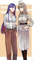  2girls ahoge alternate_costume blouse blue_hair breasts brown_legwear brown_pants commentary_request crossed_arms feet_out_of_frame grey_eyes grey_hair hand_on_own_hip highres kantai_collection long_hair medium_breasts multicolored_hair multiple_girls nidou pants pantyhose red_hair shirt skirt south_dakota_(kancolle) standing star_(symbol) washington_(kancolle) white_hair white_shirt white_skirt 