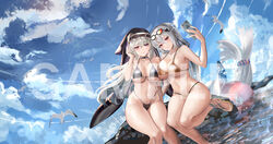  2girls arknights asymmetrical_docking bare_legs bikini bird black_bikini blush breast_press breasts cellphone chinese_commentary cleavage collarbone commentary day eyewear_on_head feet_out_of_frame fh_moya habit hand_in_own_hair hand_up highleg highleg_bikini highres holding holding_phone inflatable_orca inflatable_toy large_breasts lens_flare long_hair looking_at_viewer micro_bikini multiple_girls navel nun orange-tinted_eyewear orca_hair_ornament outdoors parted_lips phone red_eyes rock sample_watermark sandals seagull sitting skadi_(arknights) smartphone smile specter_(arknights) stomach straight_hair sunglasses swimsuit thighs tinted_eyewear very_long_hair water watermark white_hair 