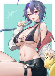  absurdres ahoge asymmetrical_hair azur_lane bad_id bad_pixiv_id bikini bikini_top_only black_bikini black_choker black_shorts blue_background blue_hair border breasts choker colored_inner_hair cross_hair_ornament crossed_bangs female foch_(azur_lane) foch_(rainbow_rendezvous)_(azur_lane) gradient_hair grey_hair hair_between_eyes hair_ornament highres jacket large_breasts larger_bmx long_hair long_sleeves looking_at_viewer manjuu_(azur_lane) micro_bikini multicolored_hair navel o-ring oerba_yun_fang off_shoulder official_alternate_costume open_clothes open_jacket open_mouth purple_hair purple_nails red_eyes saliva saliva_trail short_hair_with_long_locks short_shorts shorts signature skin_fang solo stomach streaked_hair swimsuit thigh_strap tongue tongue_out underboob white_border white_jacket x_x zipper 