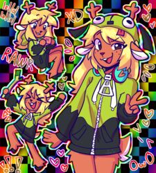  alternative_fashion anthro antonymph better_version_at_source checkered checkered_background clothing deer deltarune electronics exclamation_point female food gesture gir_(invader_zim) gir_hoodie hand_gesture headphones heart_symbol holding_food holding_object hoodie hooves invader_zim leekspin lenixtt mammal nickelodeon nintendo nintendo_ds_family nintendo_dsi noelle_holiday owo pattern_background rainbow_background rawr scene_(fashion) simple_background solo topwear undertale_(series) v_sign zipper zipper_hoodie 