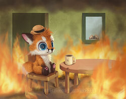  2023 ambiguous_gender beverage big_nug black_eyes blank_stare blue_eyes bowler_hat canid canine canis chair clothing coffee_mug digital_media_(artwork) digital_painting_(artwork) door duo feral fire fox fur furniture grey_body grey_fur hat headgear headwear inside lil_nug mammal meme orange_body orange_fur pawpads red_body red_fox red_fur silverfox5213 smoke solo_focus table this_is_fine true_fox whiskers white_body white_fur window wolf 