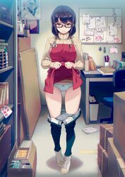  &gt;:( 40hara absurdres apron apron_lift ass beige_sweater black-framed_eyewear breasts closed_mouth clothes_lift clothes_pull commentary_request cross-laced_footwear denim employee_uniform female full_body glaring glasses highres indoors iya_na_kao_sare_nagara_opantsu_misete_moraitai iya_na_kao_sare_nagara_opantsu_misete_moraitai_yo_wa_pantsu_ga_mitai_zo jeans large_breasts lifting_own_clothes long_hair long_sleeves looking_at_viewer matsuura_shiori name_tag official_art panties pants pants_pull pen pigeon-toed poster_(object) purple_eyes purple_hair rectangular_eyewear red_apron ribbed_sweater shaded_face shoes sidelocks sleeves_past_wrists sneakers solo standing sweater thighs turtleneck turtleneck_sweater underwear uniform v-shaped_eyebrows white_footwear white_panties 