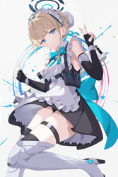  apron bare_shoulders belt black_dress black_gloves black_panties blonde_hair blue_archive blue_eyes blue_halo boots bow bowtie breasts bun_cover chest_harness commentary double_v dress elbow_gloves female fingerless_gloves gloves halo hands_up harness high_heel_boots high_heels highres looking_at_viewer maid maid_apron maid_headdress panties pantyshot serika short_hair sleeveless sleeveless_dress small_breasts solo thigh_boots thigh_strap thighhighs thighs toki_(blue_archive) underwear v white_thighhighs wing_collar 