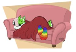  anthro ass_up black_nose brown_background canid canine claws closed_eyes clothing fidget_the_fox footwear fox fur furniture green_body green_fur hi_res hug hugging_object hugging_pillow legwear lgbt_pride male mammal multicolored_clothing multicolored_footwear multicolored_legwear multicolored_socks pawpads pillow pillow_grab pink_sofa pride_colors rainbow_clothing rainbow_footwear rainbow_legwear rainbow_socks red_blanket signature simple_background six-stripe_rainbow_pride_colors sleeping socks sofa solo strawbear tired toe_outline white_background white_body white_fur 