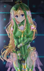  blonde_hair blue_eyes blush bodysuit breasts commentary cosplay female green_bodysuit green_headwear hair_between_eyes helvetica_std highres ivara_(warframe) ivara_(warframe)_(cosplay) ivara_prime_(warframe) ivara_prime_(warframe)_(cosplay) long_hair looking_at_viewer medium_breasts neptune_(series) orokin_(warframe) patreon_username prime_warframe sidelocks signature smile solo thigh_gap vert_(neptunia) very_long_hair warframe 