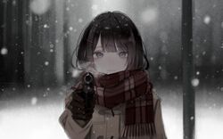  aiming aiming_at_viewer bad_id bad_twitter_id black_gloves blunt_bangs blurry blurry_background blurry_foreground brown_coat closed_mouth coat depth_of_field duffel_coat enpera eyelashes female gloves grey_eyes gun hair_ornament hairclip handgun holding holding_gun holding_weapon kisumipri looking_at_viewer medium_hair nijisanji plaid plaid_scarf pointing pointing_at_viewer pointing_gun pointing_weapon red_scarf scarf smile snow snowing solo tsukino_mito tsukino_mito_(6th_costume) upper_body virtual_youtuber weapon winter winter_clothes 