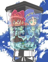  2girls ahoge aqua_eyes blender_(object) blue_dress blue_hair blue_skirt blue_sky bow character_request cloud commentary creature dress english_commentary fine_(futagohime) frilled_sleeves frills fushigiboshi_no_futago_hime gloves hairbow hat in_blender in_container jaggy_lines kasuga_(kasuga39) kneeling long_hair long_sleeves lowres multiple_girls oekaki open_mouth outdoors panicking pink_bow pink_dress pleated_skirt poomo red_eyes red_hair red_skirt rein_(futagohime) scared skirt sky sweatdrop tears top_hat very_long_hair wavy_mouth white_bow white_gloves 