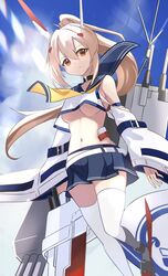  ayanami_(azur_lane) ayanami_(retrofit)_(azur_lane) azur_lane bare_shoulders belt blonde_hair blue_skirt blush breasts brown_eyes collar commentary_request crop_top day detached_sleeves expressionless female hair_between_eyes headgear highres leg_up long_hair long_sleeves looking_at_viewer manjirou_(manji_illust) medium_breasts midriff miniskirt navel no_bra outdoors pleated_skirt ponytail red_eyes rigging skindentation skirt solo standing standing_on_one_leg thighhighs turret underboob very_long_hair white_belt white_thighhighs wide_sleeves 