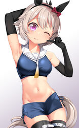  animal_ears armpits belt black_gloves black_hairband black_thighhighs blue_skirt closed_mouth collarbone cosplay cowboy_shot crop_top curren_chan_(umamusume) elbow_gloves female gloves gradient_background grey_background groin hairband highres horse_ears horse_girl horse_tail i-201_(kancolle) i-201_(kancolle)_(cosplay) kantai_collection microskirt navel neckerchief one_eye_closed purple_eyes sailor_collar shirt short_hair skirt sleeveless sleeveless_shirt smile solo swimsuit tail thigh_belt thigh_strap thighhighs tongue tongue_out umamusume white_hair white_sailor_collar yasume_yukito zettai_ryouiki 